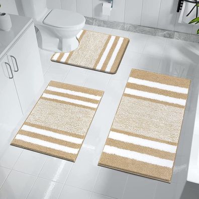 Pauwer 3-teiliges Badezimmerteppich-Set, waschbar, rutschfest, Mikrofaser, Beige