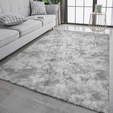 Tinyboy-hbq Hochflor Teppich Wohnzimmer Langflor Flauschig Grau Weiß 200x200 cm