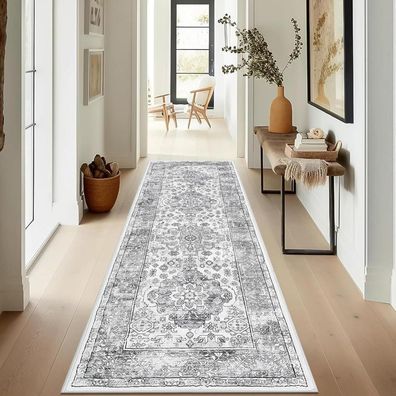 Enyhom Teppich Läufer 60 x 180 cm Grau - Rutschfest, Waschbar, Retro Design
