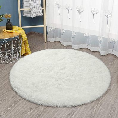 Tinyboy-hbq Flauschiger Teppich Rund 100x100cm Weiß, Ultra Weich, Hoher Stapel
