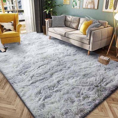 Tinyboy-hbq Flauschiger Hochflor Teppich 250x300cm Grau Weiß, Ultra Weich