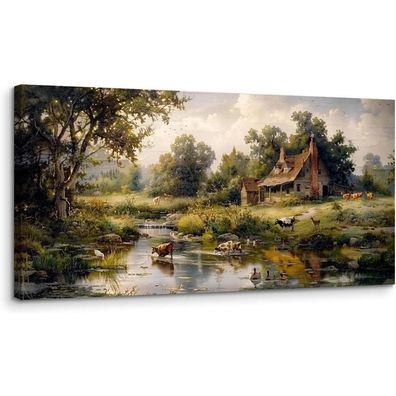 MHARTK66 Landgeflügel Leinwandbild 50x100 cm - Bauernhof am Flussufer Wandbild