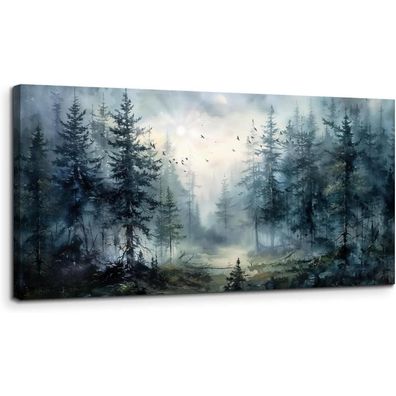 MHARTK66 Blaue Nebliger Wald Leinwandbild 50x100 cm - Ästhetische Wanddeko für