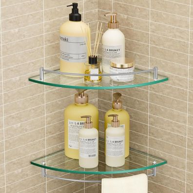 KES Eckregal aus Glas für Dusche und Bad, Edelstahl gebürstet, 2 Stück