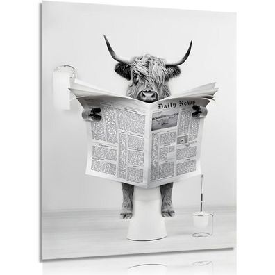 Dazzlewall Hochland Kuh Wandbild, Lustige Kuh auf Toilette Zeitung lesend