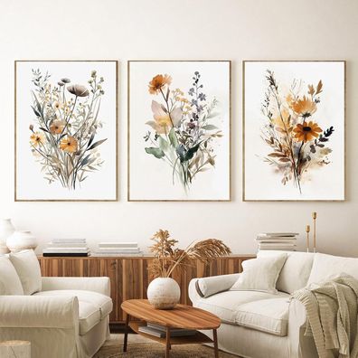 Uixxducc Premium 3er Poster Set - Ästhetische Gouache Blumen Bilder Wandbilder