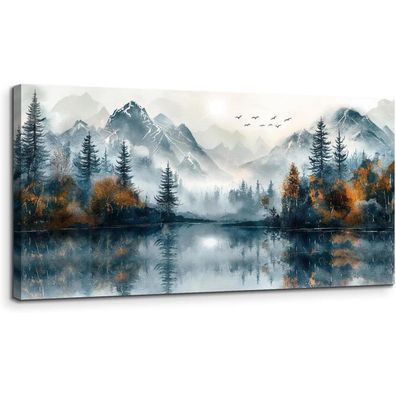 MHARTK66 Dunkelblauer Bergsee Leinwandbild 50x100 cm - Moderne Wanddeko für