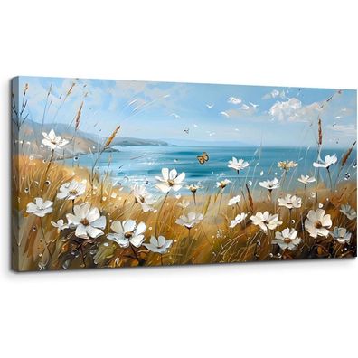 MHARTK66 Leinwandbild Blumenmeer am Meer 50x100 cm, Wandbild Wohnzimmer mit