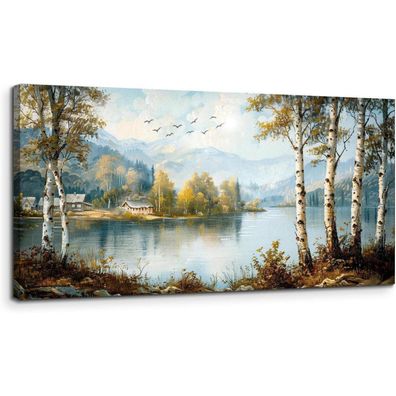 MHARTK66 Ländlicher Fluss Leinwandbild 50x100 cm - Moderne Wanddeko für