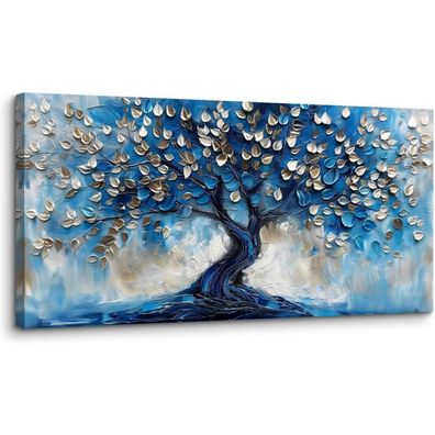 MHARTK66 Blauer Abstrakter Baum Leinwandbild 50x100 cm - Modernes Wandbild für