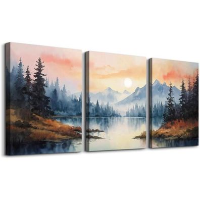 MHARTK66 Aquarell Wald Leinwand Bilder Set Wohnzimmer, Herbst Berg Landschaft