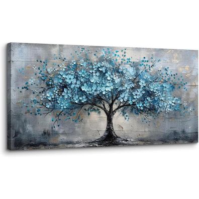 MHARTK66 Blauer Blumen Baum Leinwandbild 50x100 cm, Abstrakte Landschaft