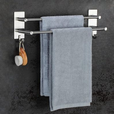 JS Handtuchhalter ohne Bohren, Edelstahl, Selbstklebend, Doppelt mit 2 Haken