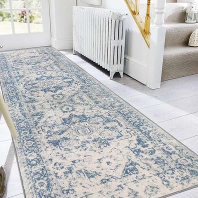 Famibay Teppich Läufer 80x300cm Blau - Rutschfest, Waschbar, Vintage Design für