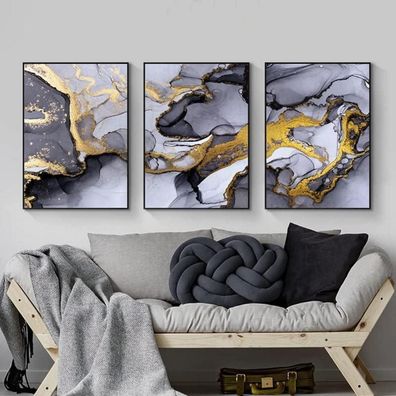 LYBOHO Wandbilder Grau Golden Fluid Art Marmor Textur Abstrakte Wandkunst