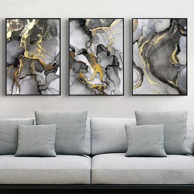 LYBOHO Wandbilder Wohnzimmer Grau Golden Fluid Art Marmor Textur Abstrakte