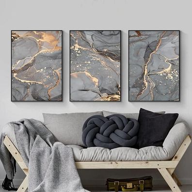 LYBOHO Wandbilder Grau Golden Fluid Art Marmor Textur Abstrakte Wandkunst