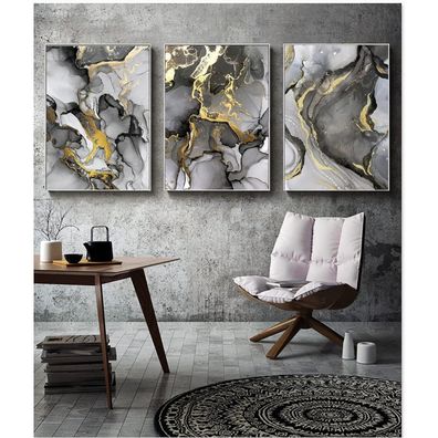 LYBOHO Wandbilder Grau Golden Fluid Art Marmor Textur Abstrakte Wandkunst