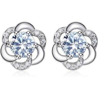 Josfeva Damen Ohrstecker Silber 925 Blumen mit 5A Weiß Zirkonia, kleiner