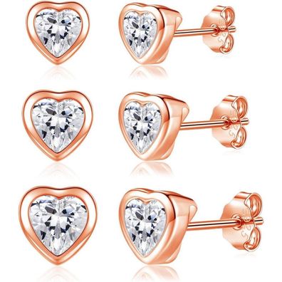 Josfeva 3 Paar 925 Sterling Silber Ohrstecker Set Damen Mädchen, Herz Rund