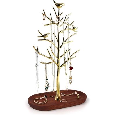 MORE&LESS Goldener Schmuckständer Baum mit Vogel-Design, abnehmbar, 18x10x30 cm