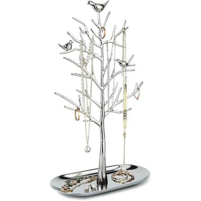 MORE&LESS Schmuckständer Baum mit Metalltablett - Silber, Luxus Aufbewahrung