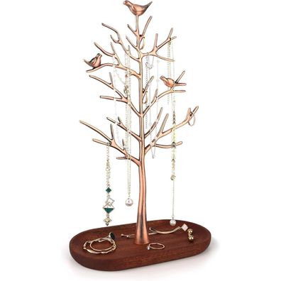 MORE&LESS Schmuckständer Zweig mit Holztablett, Luxus Baum Turm für Ringe