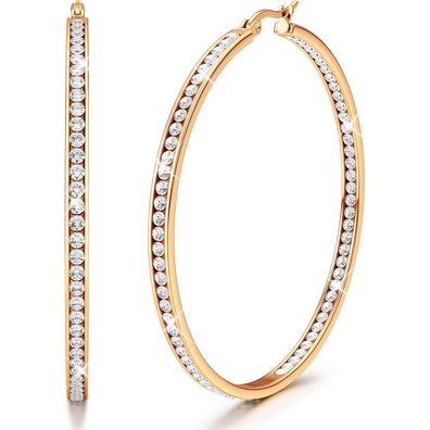 Adramata Damen Creolen Edelstahl 60mm Hängend mit AAA Zirkonia, 14 Karat Gold