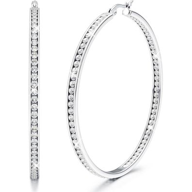Adramata Damen Creolen Edelstahl 60mm mit AAA Zirkonia, Silber/Gold/Roségold
