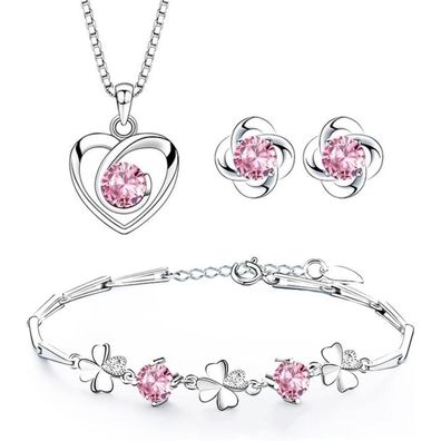 Josfeva Schmuck Set Damen Silber 925, Herz Halskette, Klee Armband & Ohrstecker