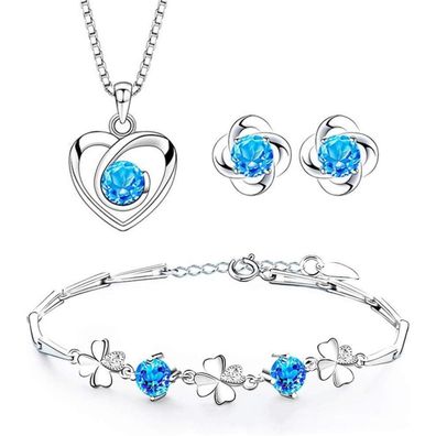 Josfeva Schmuck Set Damen Silber 925, Herz Halskette, Klee Armband & Ohrstecker