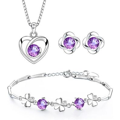 Josfeva Schmuck Set Damen 925 Sterling Silber, Herz Halskette, Klee Armband