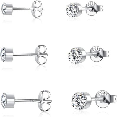 Huabola CALYN 925 Sterling Silber Ohrstecker Set, 2/3/4mm Zirkonia, Hypoallergen