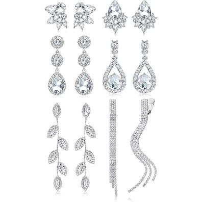 Cassieca 6 Paar Clip Ohrringe Damen Silber Hängend Strass Quaste Non-piercing