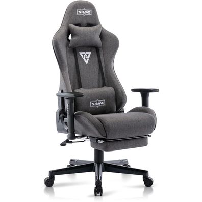 S*MAX Gaming Stuhl Stoff Grau mit Fußstütze und 3D Armlehne, ergonomisch