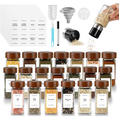 Friberg Eckige Gewürzgläser Set 20er, 120ml Glas mit Holzdeckel, inkl