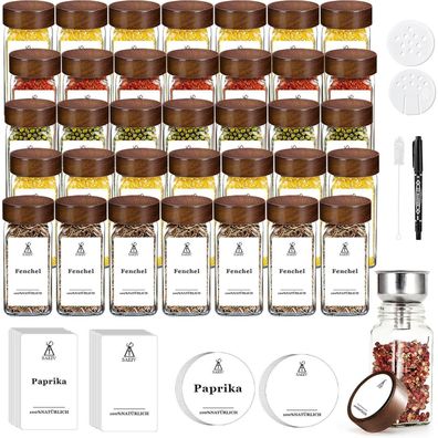 SIAZIH 35er Set quadratische Gewürzgläser 120ml mit Akazienholzdeckeln