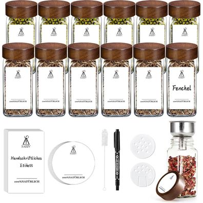 SIAZIH 12er Set quadratische Gewürzgläser 120ML mit Akazienholzdeckeln