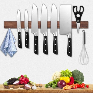Dmore 50cm Magnetleiste Messer aus Walnuss mit 2 Haken - Lang und selbstklebend