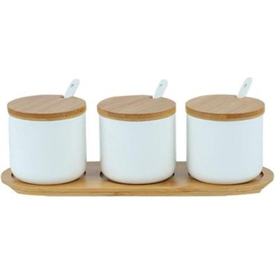 OnePine 3er Set Keramik Gewürzdosen mit Löffel und Bambus Deckel, Weiß, 260ml