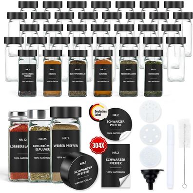 OMOZUN Gewürzgläser Eckig 120ml Set 36 Stück mit wasserfesten Etiketten und