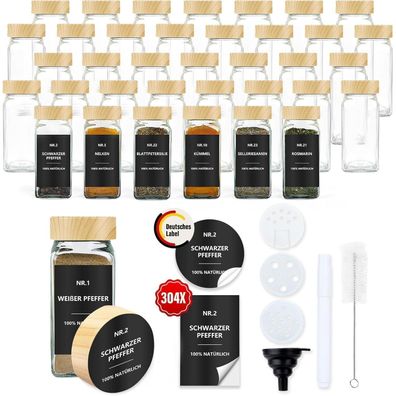OMOZUN Gewürzgläser Eckig 120ml Set mit Etiketten - 36er Pack für Küche