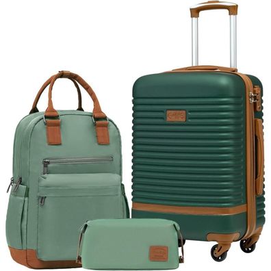 Coolife Handgepäck-Set 3tlg (Dunkelgrün/Braun) - Reisekoffer mit Trolley