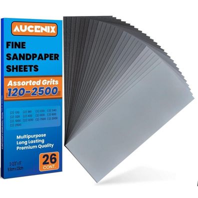 Aucenix Schleifpapier Set, 26 Blatt, gemischte Körnungen von 120 bis 2500, Nass