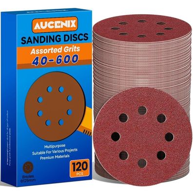 Aucenix 120tlg Schleifscheiben 125mm, 8-Loch Klett-Sandpapier für