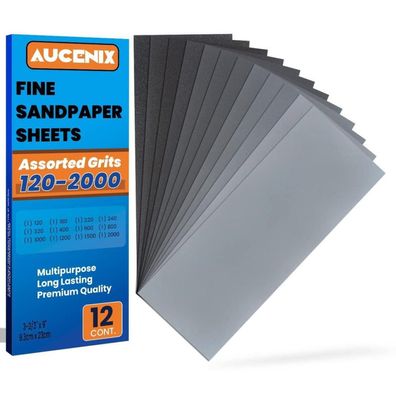 Aucenix Schleifpapier Set (12 Stück), 120-2000 Körnung, Nass & Trocken, für