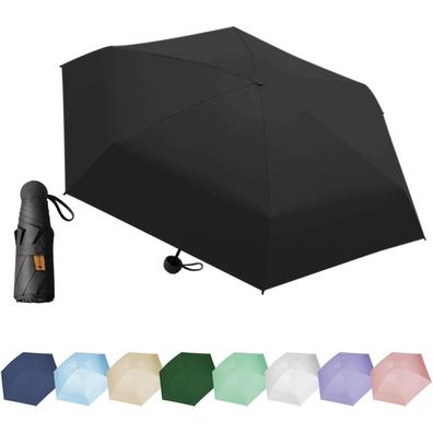 Eepluyty Mini-Regenschirm, 6-Knochen, UV-Schutz, Sonnenschutz, tiefschwarz