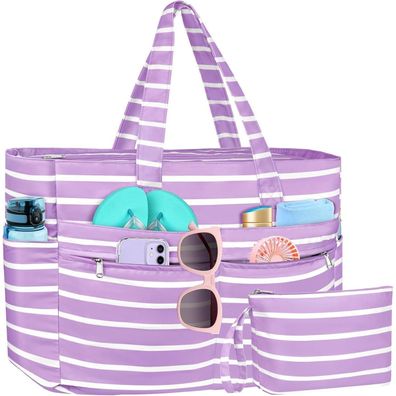 WACCET Strandtasche XXL Lila Streifen - Große Wasserdichte & Faltbare