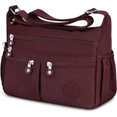 TEUEN Damen Crossbody Bag aus wasserdichtem Nylon, mittelgroß, rot, mit vielen