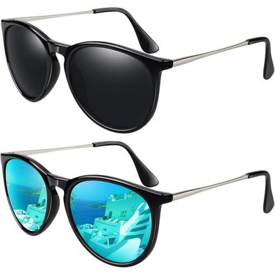 LINVO Damen Sonnenbrille 2er-Pack: Polarisierte Retro Runde Vintage UV400 Schutz